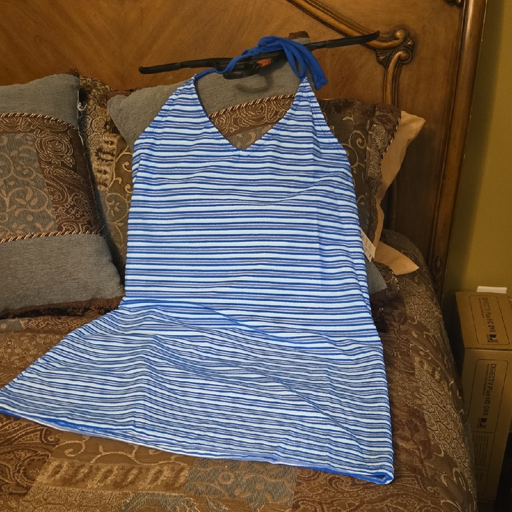No Boundaries Blue and White Striped Swim Coverup.